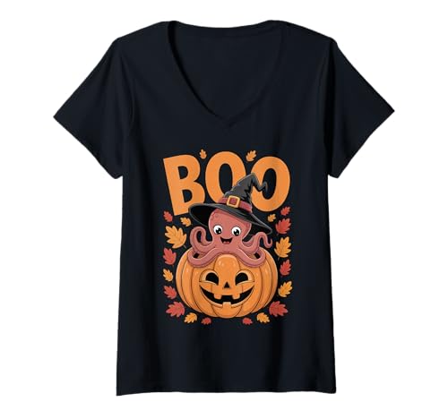 Damen Octopus Kostüm auf Kürbis Halloween Octopus T-Shirt mit V-Ausschnitt von Octopus Halloween kids, women, men