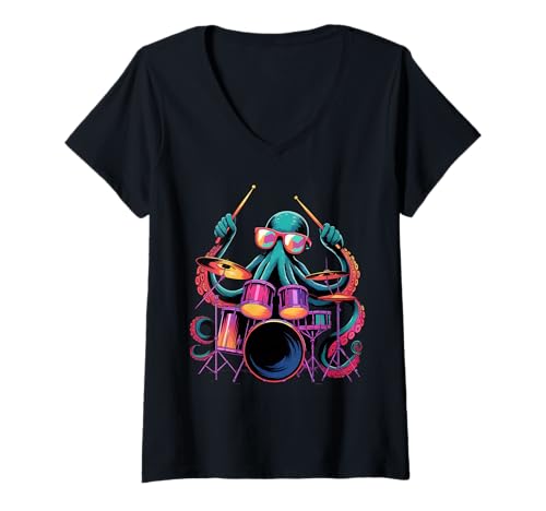 Damen Drummer Octopus Poster Stil Bunte Farbspritzer Kunst T-Shirt mit V-Ausschnitt Damen Drummer Octopus Poster Stil Bunte Farbspritzer Kunst T-Shirt mit V-Ausschnitt von Octopus Lover Apparel & Arts