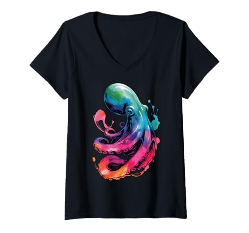 Damen Farbenfrohes Oktopus-Poster Stil Farbspritzer Kunst Grafik T-Shirt mit V-Ausschnitt Damen Farbenfrohes Oktopus-Poster Stil Farbspritzer Kunst Grafik T-Shirt mit V-Ausschnitt von Octopus Lover Apparel & Arts