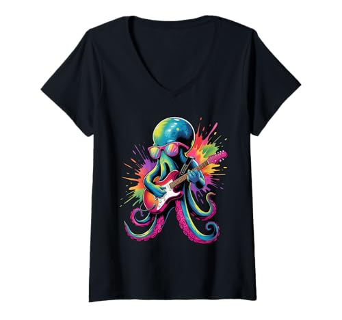 Damen Octopus Gitarre Poster Stil Bunte Farbspritzer Kunst T-Shirt mit V-Ausschnitt Damen Octopus Gitarre Poster Stil Bunte Farbspritzer Kunst T-Shirt mit V-Ausschnitt von Octopus Lover Apparel & Arts