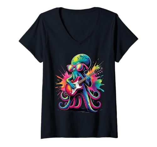 Damen Oktopus spielt Gitarre, Poster-Stil, bunter Farbspritzer T-Shirt mit V-Ausschnitt Damen Oktopus spielt Gitarre, Poster-Stil, bunter Farbspritzer T-Shirt mit V-Ausschnitt von Octopus Lover Apparel & Arts