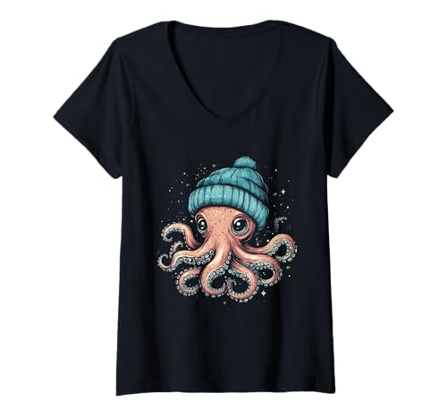 Damen Oktopus trägt Mütze, lustiges süßes Meerestier, Kraken, Winter T-Shirt mit V-Ausschnitt von Octopus Lover Apparel & Gifts