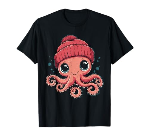Oktopus trägt Mütze Kinder Kawaii-Tier, Kraken, Winter T-Shirt von Octopus Lover Apparel & Gifts