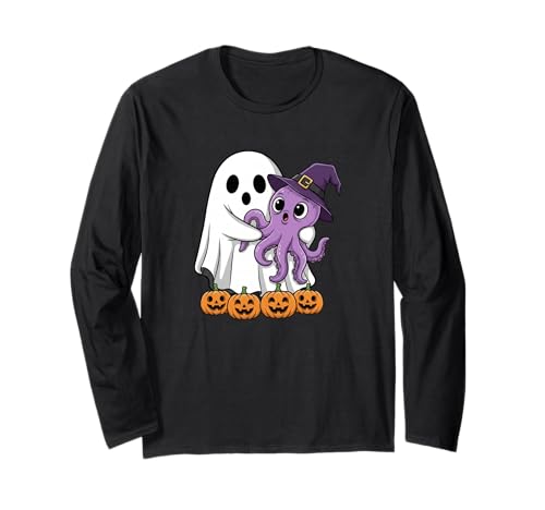 Lustiger Geist Kürbis Halloween Octopus Kinder Herren Damen Langarmshirt von Octopus Lovers Cute Halloween Outfits for Boy Girl