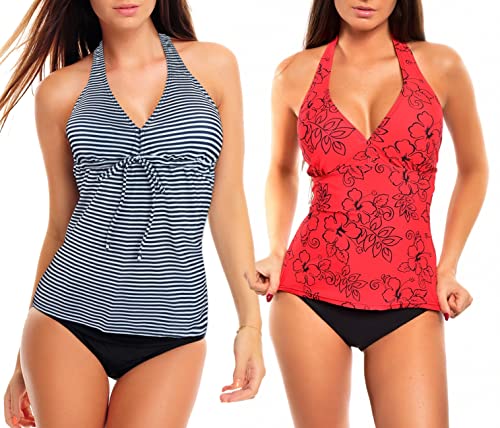 3tlg. Damen Neckholder Tankini Set zum Kombinieren! 2 Oberteile und 1 Slip f5680 Farbe: Blau Weiss gestreift + Rot geblümt, Slip A(1444+1134)+S4(sw), Gr. 44 von Octopus