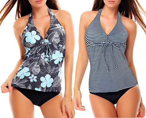 3tlg. Damen Neckholder Tankini Set zum Kombinieren! 2 Oberteile und 1 Slip f5680 Farbe: Grau geblümt + Blau Weiss gestreift, Slip A(1047+1444)+S4(sw), Gr. 44 von Octopus