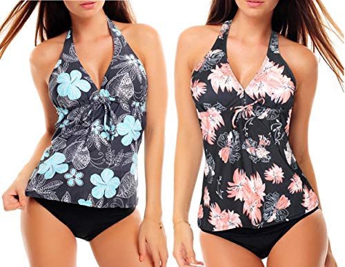 3tlg. Damen Neckholder Tankini Set zum Kombinieren! 2 Oberteile und 1 Slip f5680 Farbe: Grau geblümt + Schwarz geblümt, Slip A(1047+1448)+S4(sw), Gr. 34 von Octopus