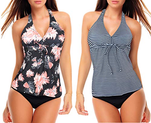 3tlg. Damen Neckholder Tankini Set zum Kombinieren! 2 Oberteile und 1 Slip f5680 Farbe: Schwarz Geblümt + Blau Weiss gestreift, Slip A(1448+1444)+S4(sw), Gr. 38 von Octopus