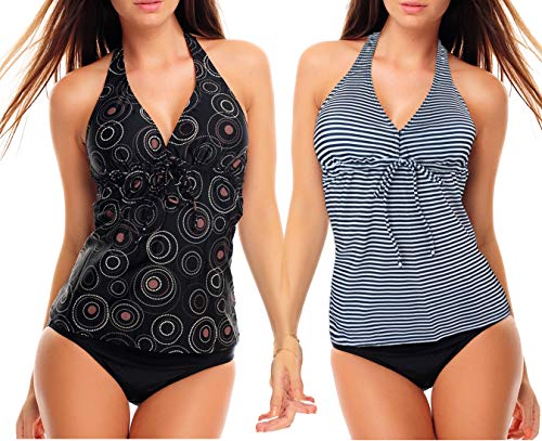 3tlg. Damen Neckholder Tankini Set zum Kombinieren! 2 Oberteile und 1 Slip f5680 Farbe: Schwarz mit Kreisen + Blau Weiss gestreift, Slip A(1074+1444)+S4(sw), Gr. 40 von Octopus