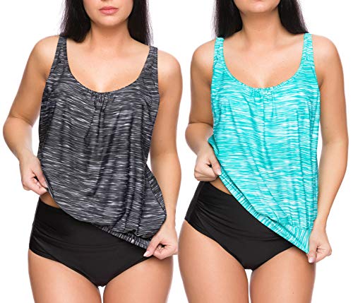 3tlg. Damen Oversize Tankini Set zum Kombinieren! 2 Oberteile und 1 High Waist Slip (sw) f5554 Farbe: G(1382+1383)-S9(sw) Tankini Oberteil Grau meliert + Türkis meliert, High Waist Slip (sw), Gr. 44 von Octopus