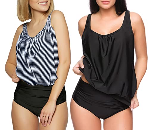 3tlg. Damen Oversize Tankini Set zum Kombinieren! 2 Oberteile und 1 High Waist Slip (sw) f5554 Farbe: Oberteil Schwarz + Blau Weiss gestreift, High Waist Slip Schwarz G(SW+1444)-S9(sw), Gr. 40 von Octopus