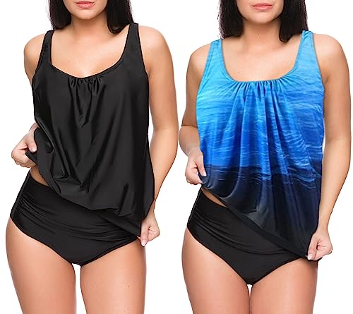 3-teiliges Damen Tankini Set zum Kombinieren! 2 Oversize Oberteile und 1 High Waist Slip f5562 Farbe: Tankini Oberteil Schwarz + Blau gemustert, High Waist Slip Schwarz G(sw+1447)-S9(sw), Gr. 50 von Octopus