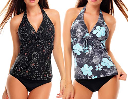 3tlg. Damen Tankini Set zum Kombinieren! 2 Neckholder Oberteile und 1 Slip f5671 Farbe: Schwarz mit Kreisen + Grau geblümt, Slip A(1074+1047)+S4(sw), Gr. 44 von Octopus