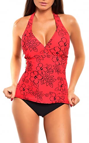 Figuroptimizer Tankini Set/Slip/Neckholder/Bandeau/Cut Out Verschiedene Muster/Badeanzug -f3855 Farbe: Tankini Rot geblümt, Slip Schwarz A(1134)+S4(sw), Gr. 40 von Octopus