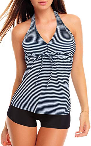 Neckholder Damen Tankini Set mit Hotpants 2tlg. Badeanzug f5537 Farbe: A(1444)-HP1(sw) Tankini Weiss/Blau gestreift, Hotpants Schwarz, Gr. 44 von Octopus