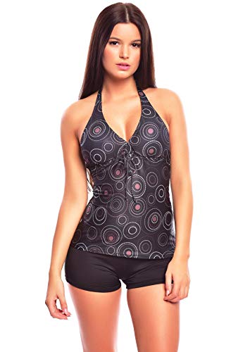 Neckholder Damen Tankini Set mit Hotpants 2tlg. Badeanzug f5539 Farbe: A(1074)-HP1(sw) Tankini Schwarz mit Kreisen, Hotpants Schwarz, Gr. 42 von Octopus