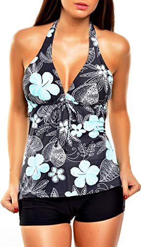 Neckholder Damen Tankini Set mit Hotpants 2tlg. Badeanzug f5537 Farbe: A(1047)-HP1(sw) Tankini Grau geblümt, Hotpants Schwarz, Gr. 40 von Octopus