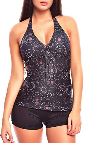 Neckholder Damen Tankini Set mit Hotpants 2tlg. Badeanzug f5537 Farbe: A(1074)-HP1(sw) Tankini Schwarz mit Kreisen, Hotpants Schwarz, Gr. 46 von Octopus