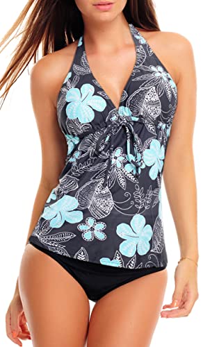 Neckholder Damen Tankini Set mit Slip 2tlg. Badeanzug f5536 Farbe: A(1047)-S4(sw) Tankini Grau geblümt, Slip Schwarz, Gr. 46 von Octopus