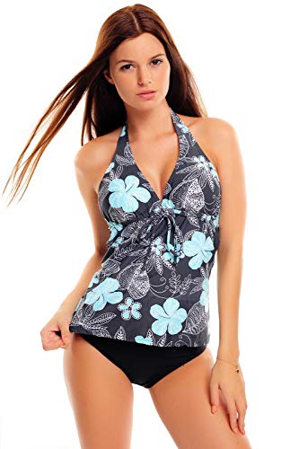 Octopus Sommer 2023 -Damen Tankini Set mit Bauch Weg Effekt Badeanzug Neu f5480 Farbe: Tankini Grau geblümt, Slip Schwarz A(1047)+S4(sw), Gr. 38 von Octopus