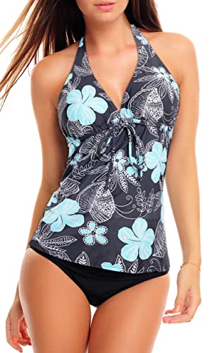 Neckholder Damen Tankini Set mit Slip 2tlg. Badeanzug f5536 Farbe: A(1047)-S4(sw) Tankini Grau geblümt, Slip Schwarz, Gr. 34 von Octopus