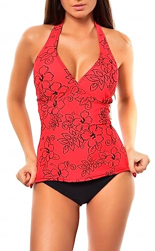 Neckholder Damen Tankini Set mit Slip 2tlg. Badeanzug f5536 Farbe: A(1134)-S4(sw) Tankini Rot schwarz geblümt, Slip Schwarz, Gr. 52 von Octopus