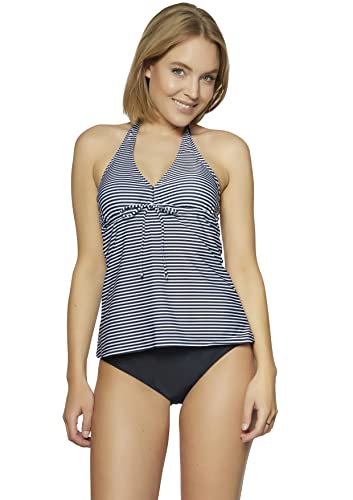 Neckholder Damen Tankini Set mit Slip 2tlg. Badeanzug f5536 Farbe: A(1444)-S4(sw) Tankini Weiss/Blau gestreift, Slip Schwarz, Gr. 44 von Octopus