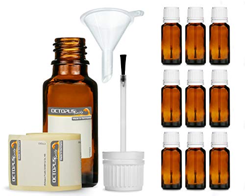 10 x 20 ml Pinselflaschen mit montierten Pinsel, Braunglasflasche mit Pinselverschluss, Nagellackflasche, z.B. für Lacke, Farben, Kleber, Öle von Octopus