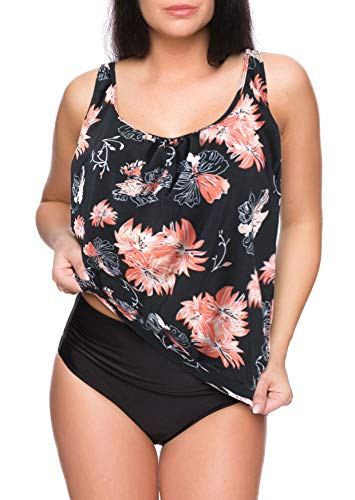 Octopus 2tlg. Damen Bademode Oversize Tankini Set mit High Waist Slip f5672 Farbe: Schwarz mit Blumen, High Waist Slip G(1448)+S9(sw), Gr. 40 von Octopus