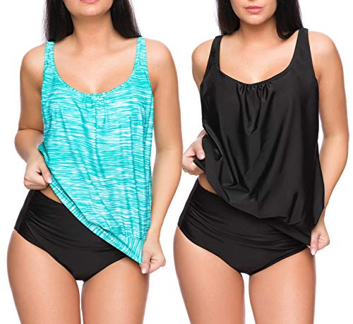 Octopus 3-teiliges Damen Tankini Set zum Kombinieren! 2 Oversize Oberteile und 1 High Waist Slip f5562 Farbe: G(sw+1383)-S9(sw) Tankini Oberteil Schwarz + Türkis meliert, High Waist Slip (sw), Gr. 46 von Octopus