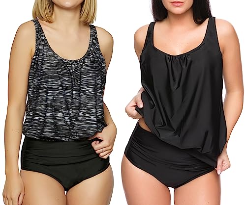 Octopus 3tlg. Damen Oversize Tankini Set zum Kombinieren! 2 Oberteile und 1 High Waist Slip (sw) f5554 Farbe: G(sw+1382)-S9(sw) Tankini Oberteil Schwarz + Grau meliert, High Waist Slip (sw), Gr. 38 von Octopus