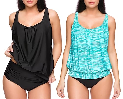 Octopus 3tlg. Damen Oversize Tankini Set zum Kombinieren! 2 Oberteile und 1 High Waist Slip (sw) f5554 Farbe: G(sw+1383)-S9(sw) Tankini Oberteil Schwarz + Türkis meliert, High Waist Slip (sw), Gr. 38 von Octopus