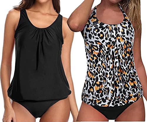 Octopus 3tlg. Damen Oversize Tankini Set zum Kombinieren! 2 Oberteile und 1 High Waist Slip (sw) f5554 Farbe: Oberteil Schwarz + Leo Print, High Waist Slip Schwarz G(SW+1460)-S9(sw), Gr. 42 von Octopus