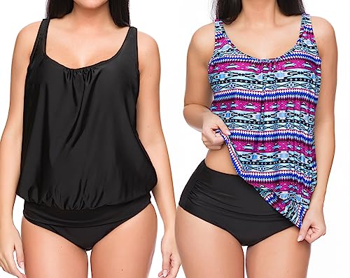 Octopus 3tlg. Damen Oversize Tankini Set zum Kombinieren! 2 Oberteile und 1 High Waist Slip (sw) f5554 Farbe: Oberteil Schwarz + Lila Bunt Gemustert, High Waist Slip Schwarz G(SW+1430)-S9(sw), Gr. 42 von Octopus