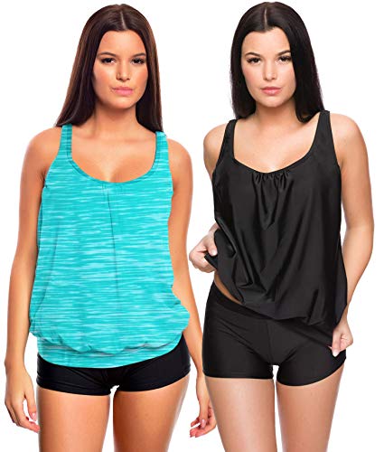 Octopus 3tlg. Damen Oversize Tankini Set zum Kombinieren! 2 Oberteile und 1 Hotpants (sw) f5495 Farbe: G(sw+1383)-HP1(sw) Tankini Oberteil Schwarz + Türkis meliert, Hotpants (sw), Gr. 50 von Octopus