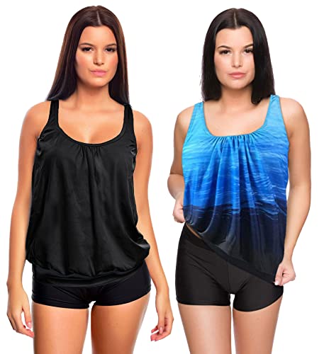 Octopus 3tlg. Damen Oversize Tankini Set zum Kombinieren! 2 Oberteile und 1 Hotpants (sw) f5495 Farbe: Tankini Oberteil Schwarz + Blau Gemustert, Hotpants Schwarz G(SW+1447)-HP1(sw), Gr. 48 von Octopus