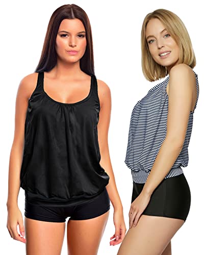 Octopus 3tlg. Damen Oversize Tankini Set zum Kombinieren! 2 Oberteile und 1 Hotpants (sw) f5495 Farbe: Tankini Oberteil Schwarz + Blau Weiss gestreift, Hotpants Schwarz G(SW+1444)-HP1(sw), Gr. 40 von Octopus