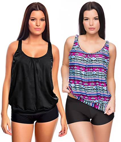 Octopus 3tlg. Damen Oversize Tankini Set zum Kombinieren! 2 Oberteile und 1 Hotpants (sw) f5495 Farbe: Tankini Oberteil Schwarz + Lila Bunt Gemustert, Hotpants Schwarz G(SW+1430)-HP1(sw), Gr. 46 von Octopus