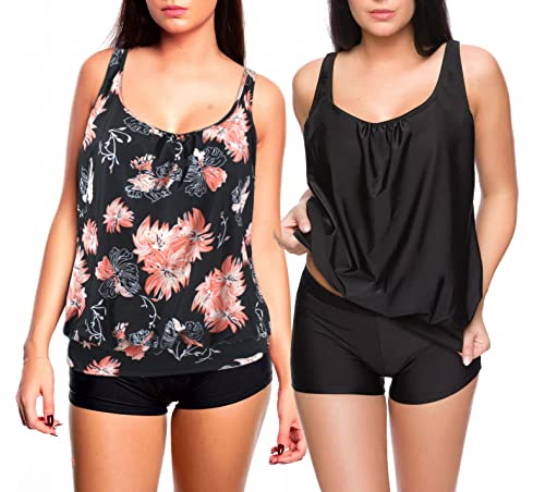 Octopus 3tlg. Damen Oversize Tankini Set zum Kombinieren! 2 Oberteile und 1 Hotpants (sw) f5495 Farbe: G(1448+SW)-HP1(sw) Tankini Oberteil Schwarz/Apricot + Schwarz, Hotpants (sw), Gr. 50 von Octopus