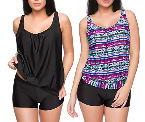 Octopus 3tlg. Damen Oversize Tankini Set zum Kombinieren! 2 Oberteile und 1 Hotpants (sw) f5558 Farbe: Tankini Oberteil Schwarz + Lila Bunt Gemustert, Hotpants Schwarz G(SW+1430)-HP1(sw), Gr. 46 von Octopus