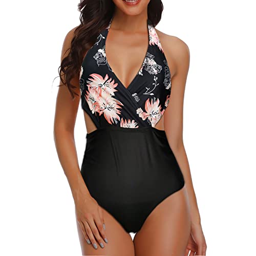 Octopus Damen Bademode Trendiger Badeanzug Einteiler Monokini f5689 Farbe: Geblümt Schwarz BA27(1448-sw), Gr. 48 von Octopus