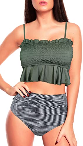 Octopus Damen Bikini mit Rüschen und Raffung 2tlg. Bademode Set mit High Waist Slip f5687 Farbe: Bikini Oberteil Khaki, Slip gestreift B24(1471)-S26(1469), Gr. 46 von Octopus