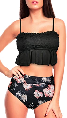 Octopus Damen Bikini mit Rüschen und Raffung 2tlg. Bademode Set mit High Waist Slip f5687 Farbe: Bikini Oberteil Schwarz, Slip Schwarz Apricot geblümt B24(sw)-S26(1448), Gr. 42 von Octopus