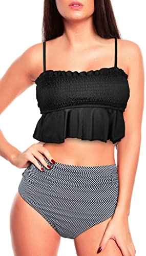 Octopus Damen Bikini mit Rüschen und Raffung 2tlg. Bademode Set mit High Waist Slip f5687 Farbe: Bikini Oberteil Schwarz, Slip gestreift B24(sw)-S26(1469), Gr. 46 von Octopus