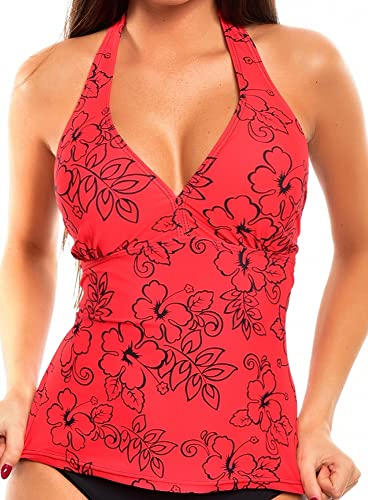 Octopus Damen MIXKINI Tankini. Neckholder Tankini Oberteile Bikini Hosen zum selber Mixen f5702 Farbe: Oberteil Rot geblümt A(1134) OT, Gr. 36 von Octopus