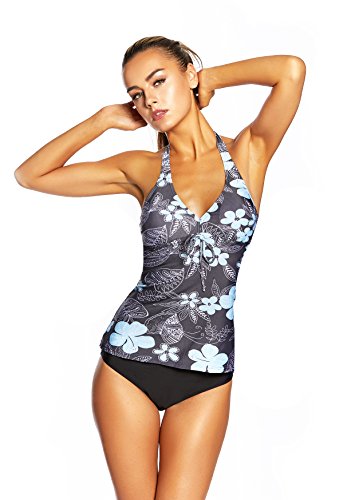 Octopus Figurfreundlicher Cut Out Tankini/Häkel/Badeanzug/Bauch Weg Effekt/Soft Cups/Slip VER-f5328 Farbe: Tankini Grau/Schwarz A(1047)+S4(sw), Gr. 42 von Octopus