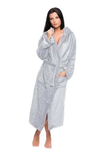 Octopus Flauschiger Fleece Damen Bademantel mit Eingrifftaschen und Kapuze f5641 Farbe: Bademantel Hellgrau (1482), Gr. 9XL von Octopus