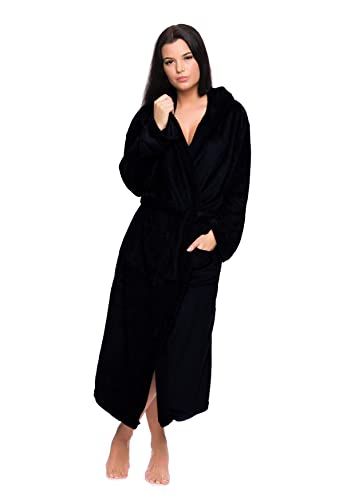 Octopus Flauschiger Fleece Damen Bademantel mit Eingrifftaschen und Kapuze f5641 Farbe: Bademantel Schwarz (1484), Gr. 9XL von Octopus