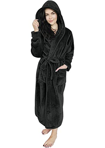 Octopus Flauschiger Fleece Damen Bademantel mit Eingrifftaschen und Kapuze f5661 Farbe: Bademantel Schwarz (1484), Gr. 4XL von Octopus