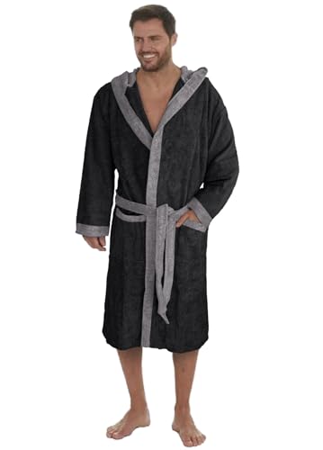 Octopus Herren Frottee Bademantel aus 100% Baumwolle (350g/m²) mit Öko-Tex Zertifizierung - Kapuze - 2 Taschen - Gürtel f5719 Farbe: Bademantel Schwarz/Grau (1496), Gr. L von Octopus